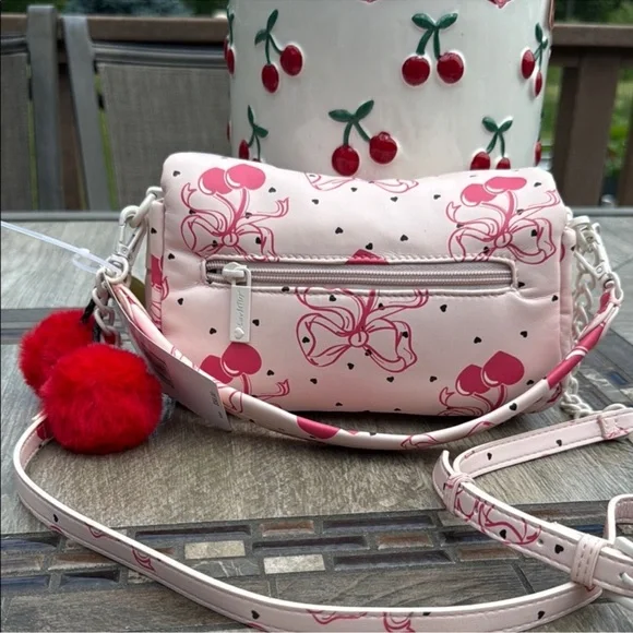 NWT! Betsey Johnson Pink Cherry Hearts Bows Soft Crossbody Bag - Picture 2 of 7